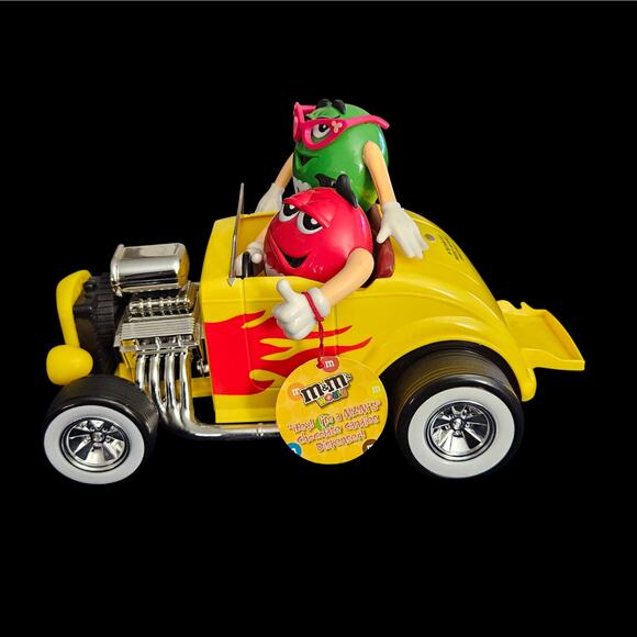 M&M’s Hot Rod Car Candy Dispenser Red & Green Characters Classic Yellow Flames - Picture 2 of 9